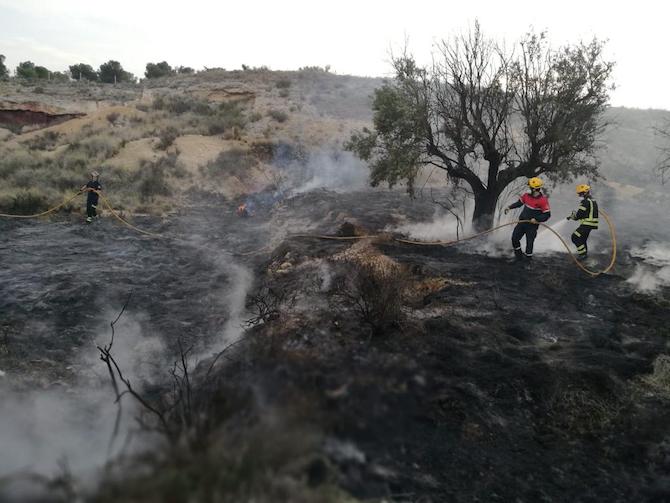 Trabajos de extinci&oacute;n del incendio en la partida alicantina de El Moralet.
