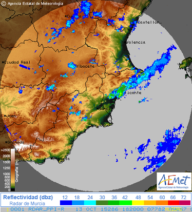 Imagen de radar de lluvia de Aemet.